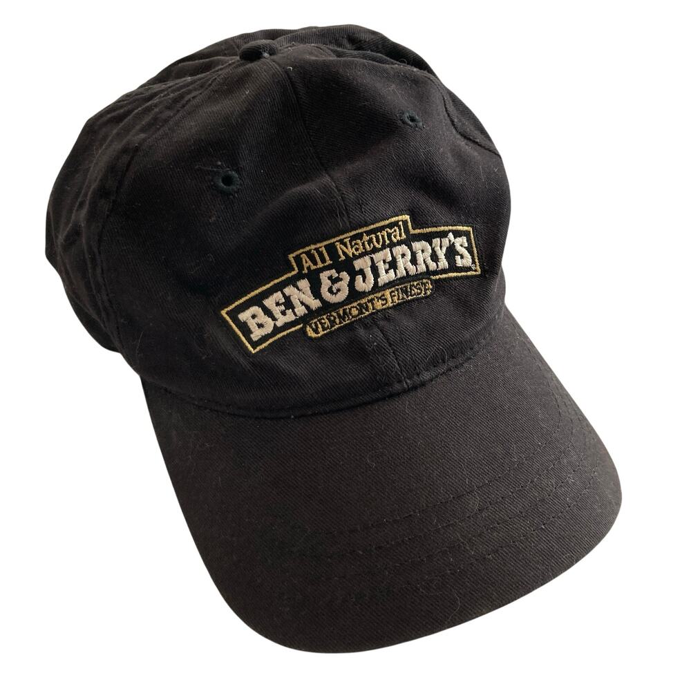 Vintage 90s Ben & Jerry's Ice Cream Black Embroidered Logo Baseball Hat OS FLAW